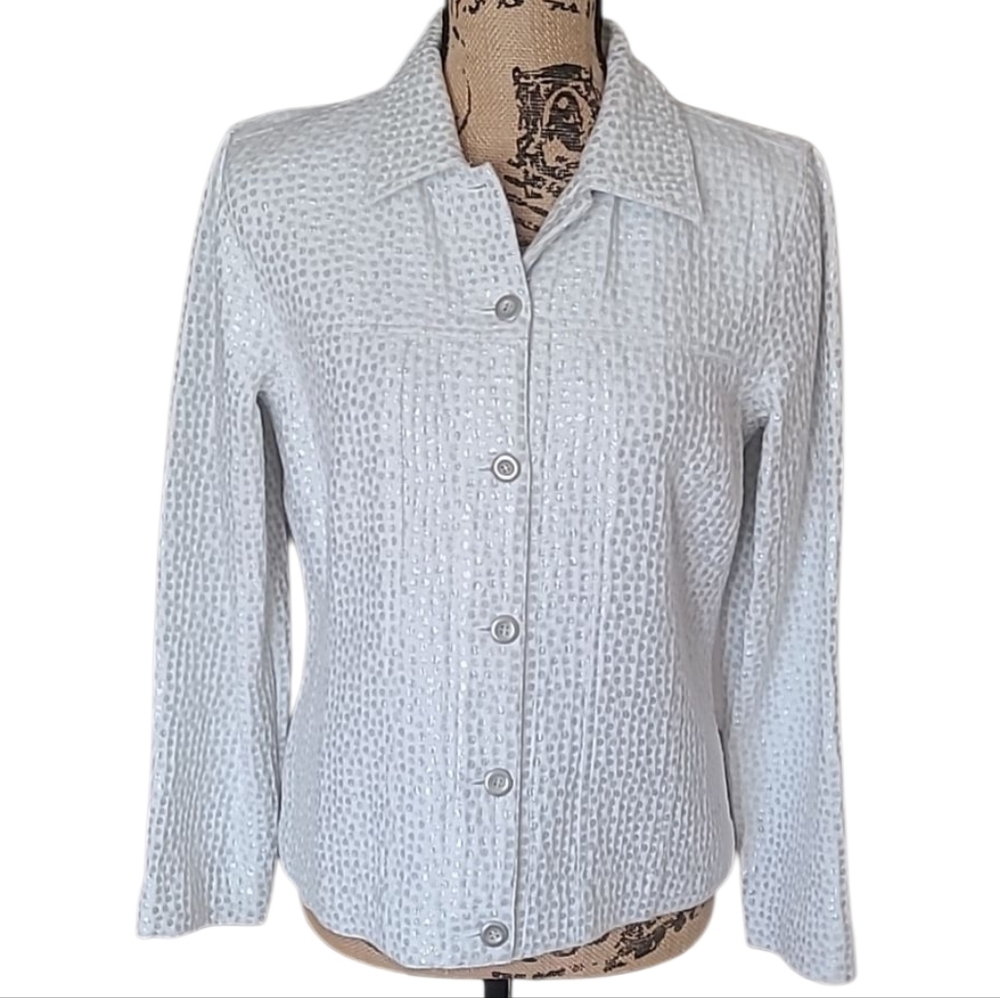 Chico's White and Metallic Silver Shirt Jacket
